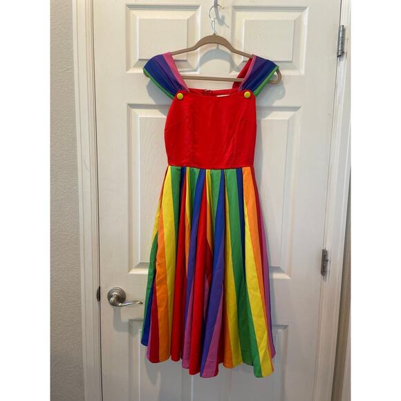 Unique Vintage Red Rainbow Swing Dress Pride, 1950s, Rockabilly Sz XS #39 - Picture 3 of 5